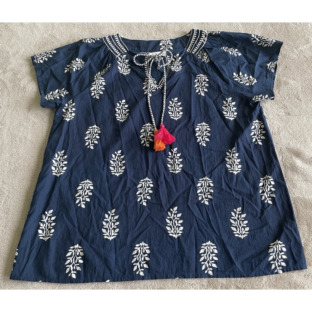 THML Women's Medium Blue Boho Tunic Top 100% Cotton Tassel Tie Neck Embroidered - Picture 8 of 8